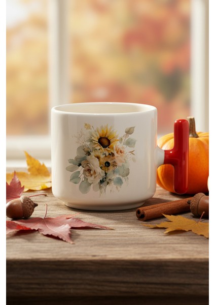 Ayçiçekleri Sonbahar Teması No:4 Baskılı Kırmızı Renkli T Kulplu Latte Fincanı Kupa