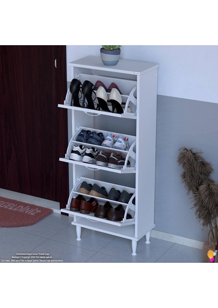 Uygar Beyaz Renk Kapı Önü Ayakkabılık 3 Düşer Kapak 6 Göz Raf Bölmeli Ayakkabılık 52X127X25,5 cm