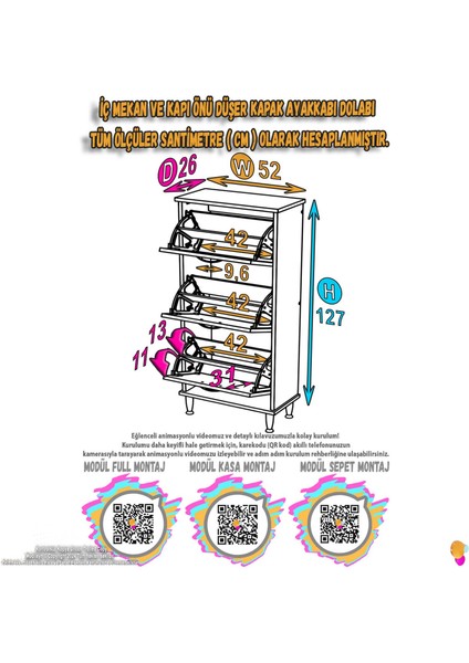 Uygar Beyaz Renk Kapı Önü Ayakkabılık 3 Düşer Kapak 6 Göz Raf Bölmeli Ayakkabılık 52X127X25,5 cm fiyatları