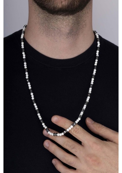 Sedef Hematit Yuvarlak Kesim Doğal Taş Erkek Kolye