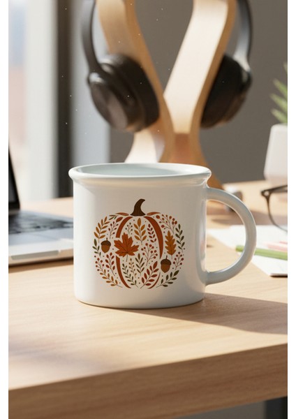 Chinoiserie Pumpkin Floral Fall Baskılı Enamel Görünümlü Seramik Vintage Kupa Bardak