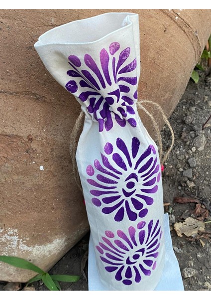 Bej Renk Pamuklu Mor Desenli Büzgülü El Yapımı Şişe Kılıfı fiyatları