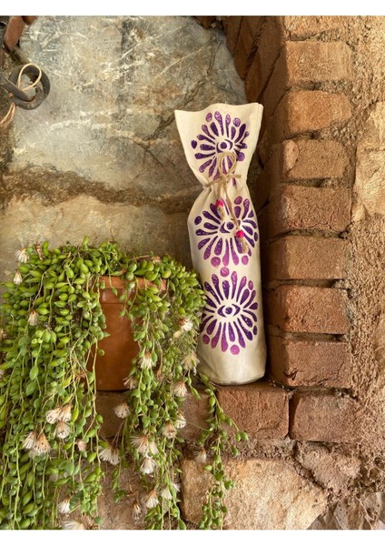 Bej Renk Pamuklu Mor Desenli Büzgülü El Yapımı Şişe Kılıfı modelleri