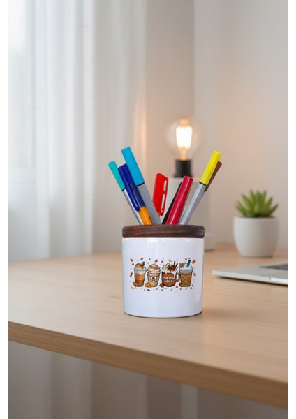 Sonbahar Temalı Kahveler No:1 Baskılı Seramik Kalemlik Masaüstü Düzenleyici