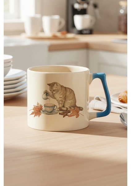 Sonbahar Temalı Sevimli Kedi No:2 Baskılı Mavi D Kulplu Kupa Bardak