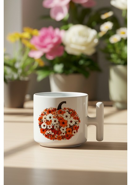Boho Fall Pumpkin Floral Baskılı Hediyelik T Kulplu Latte Fincanı Kupa Bardak