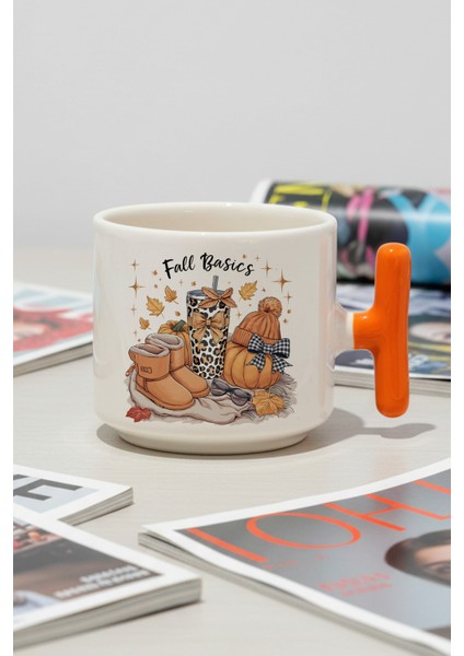 Retro Fall Basics Baskılı Turuncu Renkli T Kulplu Latte Fincanı Kupa