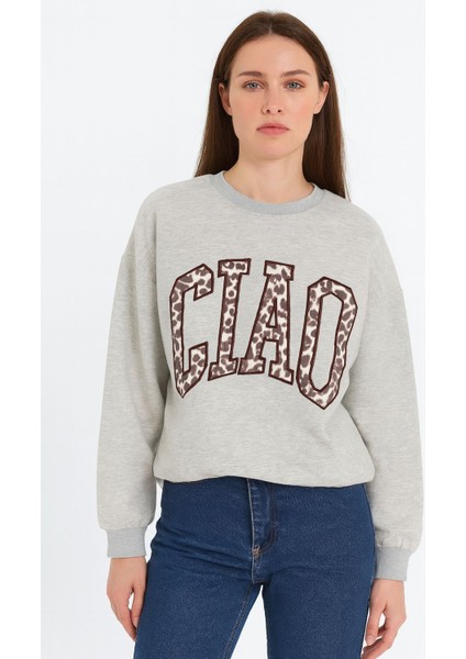 Nakış Detaylı Sweatshirt Gri Melanj