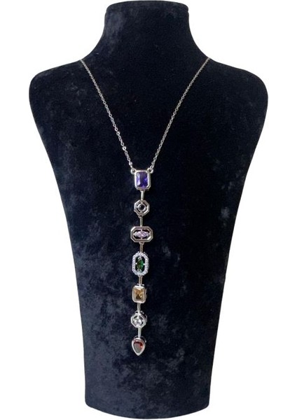 5638 Yedi Element Gümüş Renk ve Renkli Taşlı Çelik Y Kolye