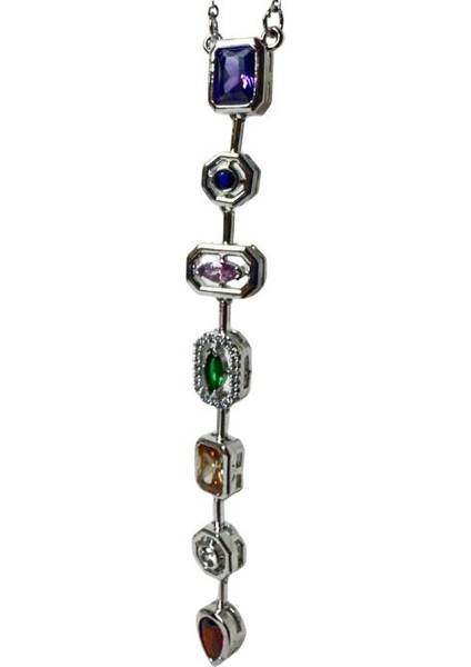 5638 Yedi Element Gümüş Renk ve Renkli Taşlı Çelik Y Kolye fiyatları