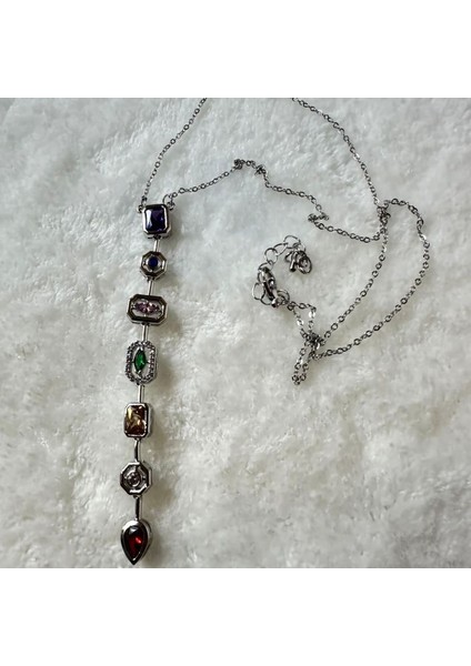 5638 Yedi Element Gümüş Renk ve Renkli Taşlı Çelik Y Kolye modelleri