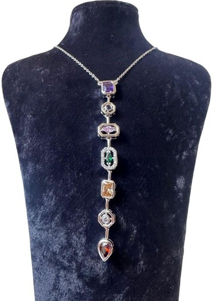 5638 Yedi Element Gümüş Renk ve Renkli Taşlı Çelik Y Kolye fırsatları