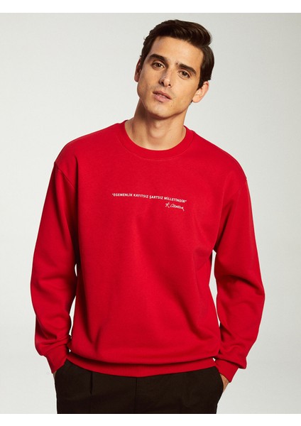 Yeni Sezon Bisiklet Yaka Uzun Kollu Atatürk Imzası Baskılı Erkek Kalın Sweatshirt