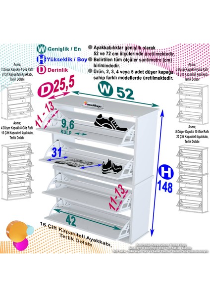 Asaf 2 Li Cordoba Renk Asma Ayakkabılık Antre 4 Düşer Kapak 8 Göz Bölme Ayakkabılık 52X148X 25,5 cm fiyatları