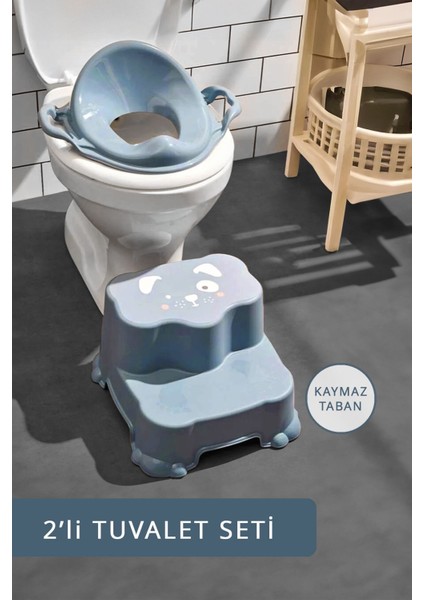 Çocuklar Için Tuvalet Eğitimi Seti, Kaydırmaz Basamak ve Kulplu Adaptör Mavi