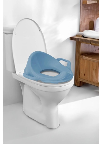 Çocuklar Için Tuvalet Eğitimi Seti, Kaydırmaz Basamak ve Kulplu Adaptör Mavi