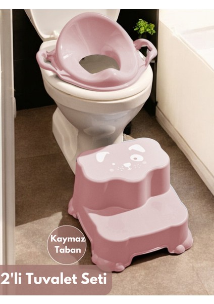 Pembe Çocuk Taburesi, Çift Basamaklı, Güvenli ve Şık Banyo Lavabo Destekli