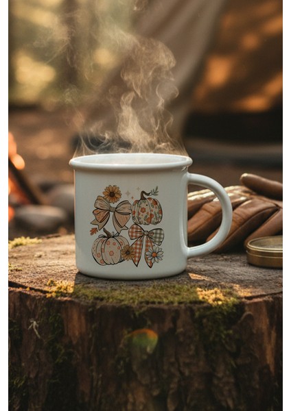 Sonbahar Teması Pumpkin Couqette Baskılı Enamel Görünümlü Seramik Vintage Kupa Bardak