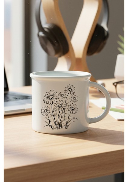 Siyah Çiçekler Baskılı Enamel Görünümlü Seramik Vintage Kupa Bardak