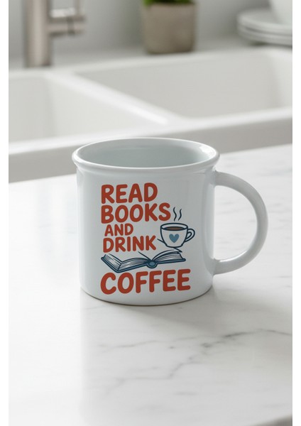 Read Books And Coffee Baskılı Enamel Görünümlü Seramik Vintage Kupa Bardak