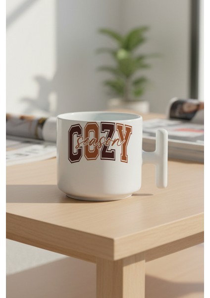 Sonbahar Teması Cozy Season Baskılı Hediyelik T Kulplu Latte Fincanı Kupa Bardak