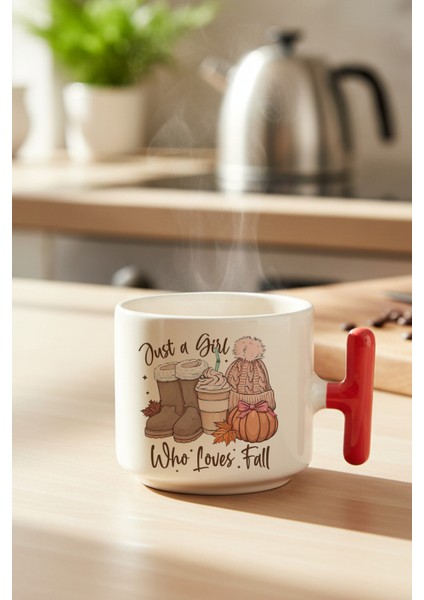 Just A Girl Who Loves Fall No:2 Baskılı Kırmızı Renkli T Kulplu Latte Fincanı Kupa