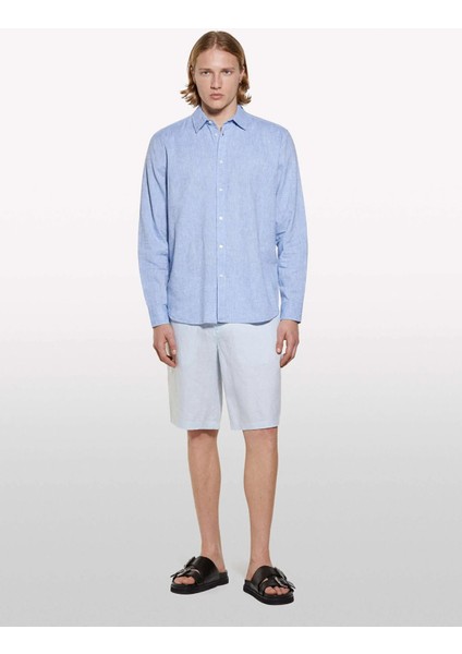 %100 Keten Slim Fit Bermuda Şort Erkek Mavi Şort - 325P4AGHS9010