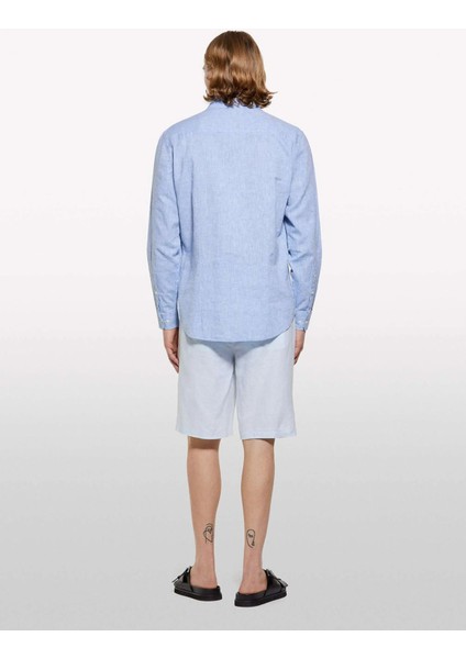 %100 Keten Slim Fit Bermuda Şort Erkek Mavi Şort - 325P4AGHS9010 modelleri