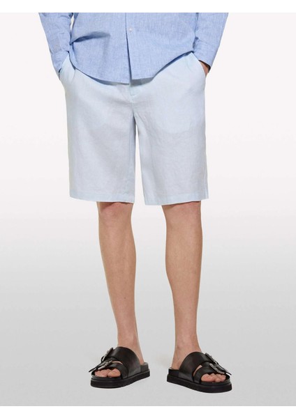 %100 Keten Slim Fit Bermuda Şort Erkek Mavi Şort - 325P4AGHS9010 fırsatları