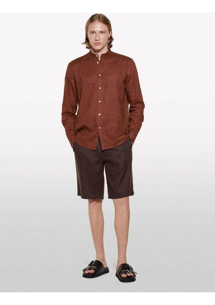 %100 Keten Slim Fit Bermuda Şort Erkek Kahverengi Şort - 325P4AGHS9010
