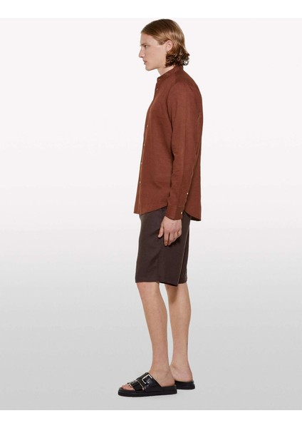 %100 Keten Slim Fit Bermuda Şort Erkek Kahverengi Şort - 325P4AGHS9010 fiyatları