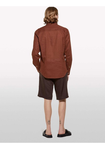 %100 Keten Slim Fit Bermuda Şort Erkek Kahverengi Şort - 325P4AGHS9010 modelleri