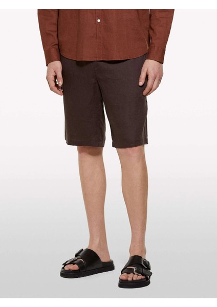 %100 Keten Slim Fit Bermuda Şort Erkek Kahverengi Şort - 325P4AGHS9010 fırsatları