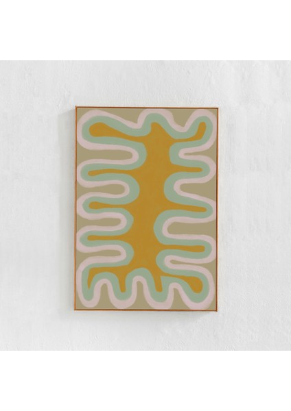 Sarı Yeşil Bej Duvar Sanatı: Soyut Dalgalı Çizgiler