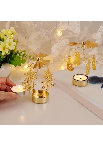 Altın Renkli Dönebilen Metal Tealight Mumluk – Kar Tanesi ve Noel Figürlü Dekoratif Mumluk