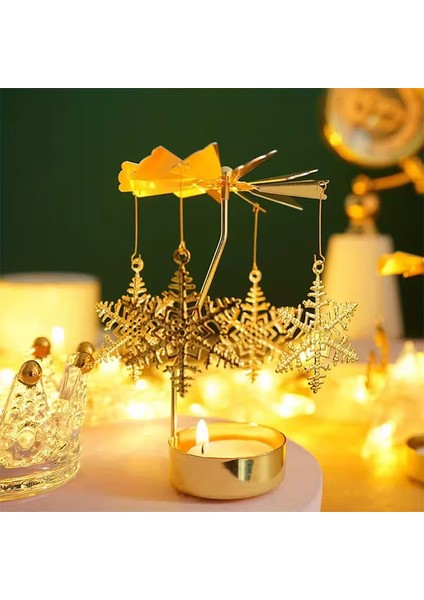 Altın Renkli Dönebilen Metal Tealight Mumluk – Kar Tanesi ve Noel Figürlü Dekoratif Mumluk modelleri