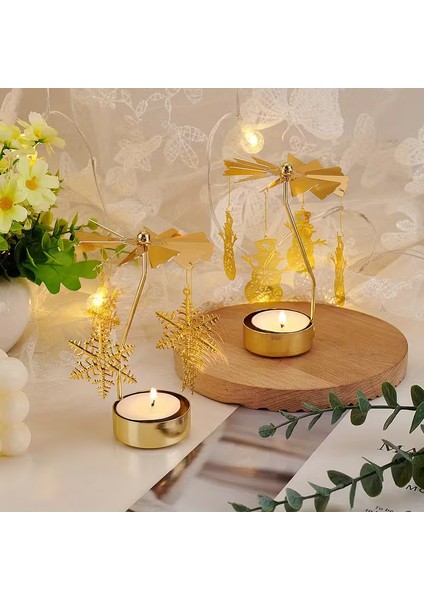Altın Renkli Dönebilen Metal Tealight Mumluk – Kar Tanesi ve Noel Figürlü Dekoratif Mumluk fırsatları