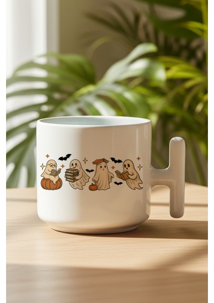 Kitap Okuyan Sevimli Hayaletler Baskılı Hediyelik T Kulplu Latte Fincanı Kupa Bardak