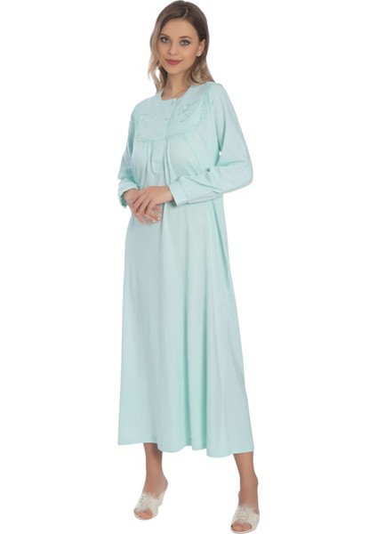 % 100 Pamuk Penye Işlemeli Yarım Patlı Düğmeli Kadın Uzun Kol Klasik Anne Yeşil Gecelik DYP1001