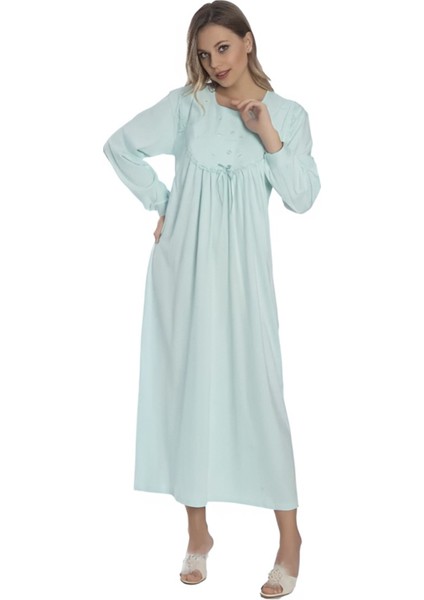 % 100 Pamuk Penye Işlemeli Yarım Patlı Düğmeli Kadın Uzun Kol Klasik Anne Yeşil Gecelik DYP1001 fiyatları