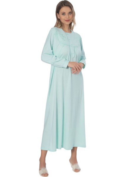 % 100 Pamuk Penye Işlemeli Yarım Patlı Düğmeli Kadın Uzun Kol Klasik Anne Yeşil Gecelik DYP1001 modelleri
