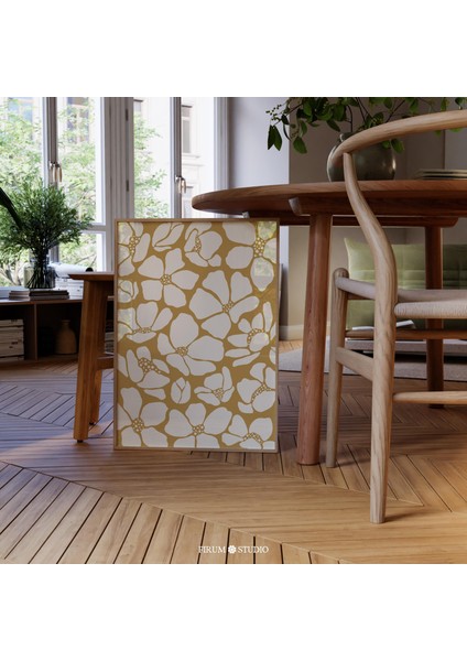 Hardal Sarısı Soyut Çiçekli Duvar Sanatı, Bohem Botanik Sanatı