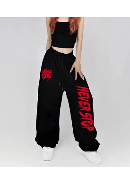 Büyük Beden Özel Tasarım Sokak Modası Neverstop Baskılı Kışlık Hip Hop Ispanyol Paça Kadın Eşofman Altı
