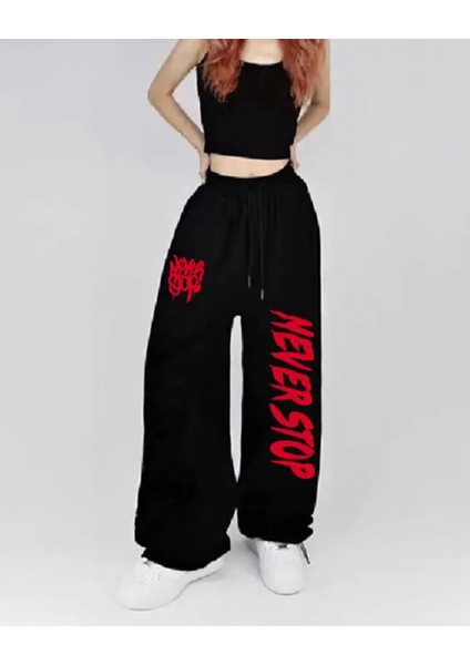 Büyük Beden Özel Tasarım Sokak Modası Neverstop Baskılı Kışlık Hip Hop Ispanyol Paça Kadın Eşofman Altı fiyatları