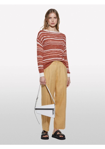 %100 Keten Önü Pile Detaylı Yüksek Bel Jogger Pantolon Kadın Sarı Pantolon - 325P4AGHLF06R