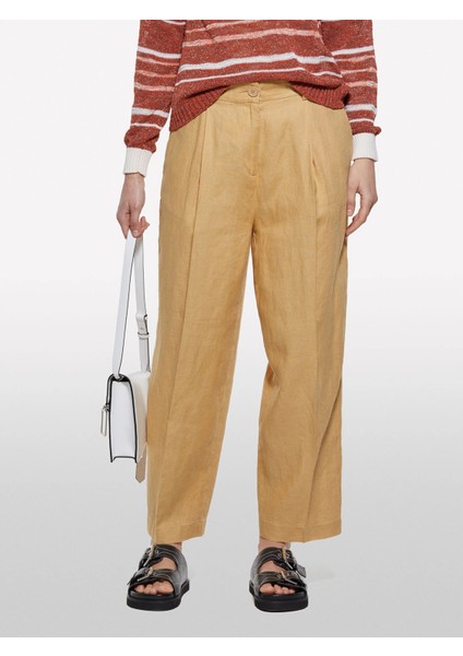 %100 Keten Önü Pile Detaylı Yüksek Bel Jogger Pantolon Kadın Sarı Pantolon - 325P4AGHLF06R fırsatları