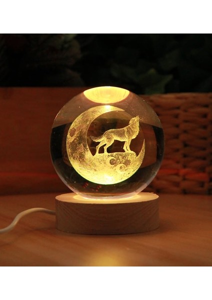 Kişiye Özel Işıklı Ahşap Kaideli Kurt Temalı Cam Küre 8*6cm