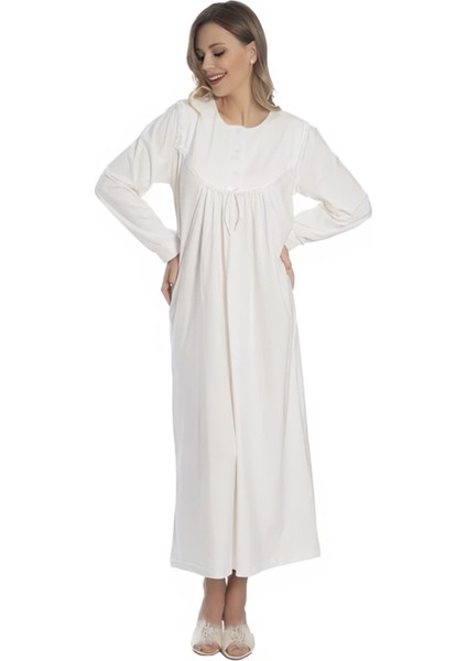 % 100 Pamuk Penye Işlemeli Yarım Patlı Düğmeli Kadın Uzun Kol Klasik Anne Ekru Gecelik DYP1001 fiyatları