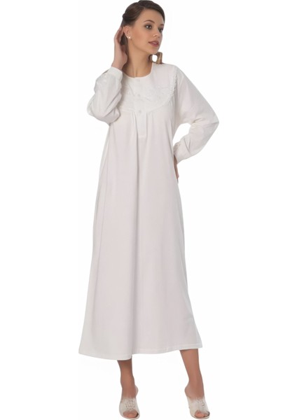% 100 Pamuk Penye Işlemeli Yarım Patlı Düğmeli Kadın Uzun Kol Klasik Anne Ekru Gecelik DYP1001 modelleri
