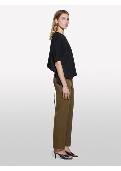 Pamuk Karışımlı Yanı Bağlamalı Yüksek Bel Sigaret Pantolon Kadın Yeşil Pantolon - 325P4SI0LF074 fiyatları